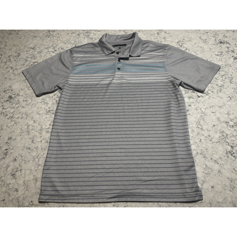 Pebble Beach Dry-Luxe Performance Golf Polo Shirt Mens M Gray Striped Polyester